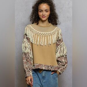 POL Beige Fringe Mixed-Media Pullover Sweatshirt